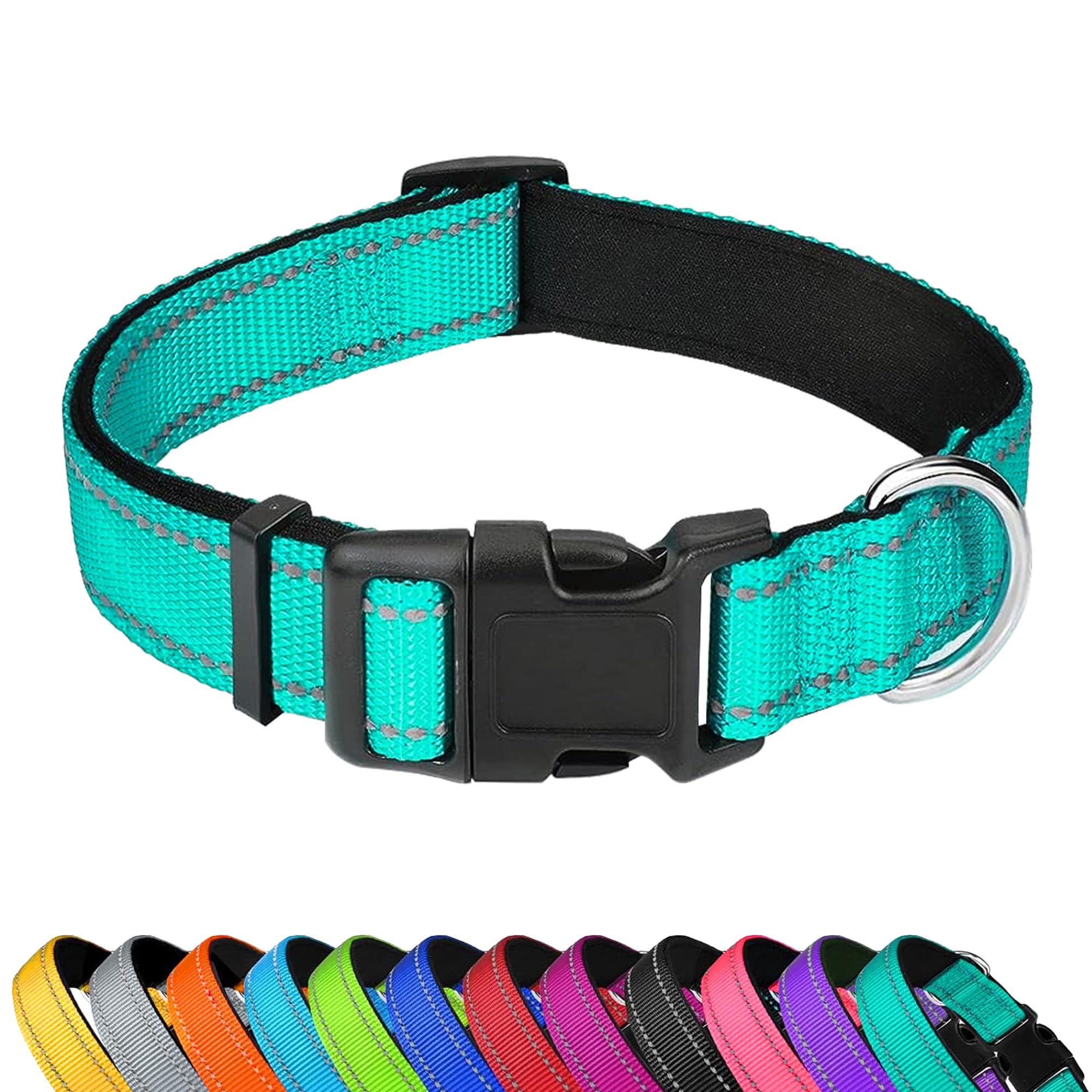 PWOD Reflective Dog Collar, Adjustable Soft Neoprene Padded Nylon Pet Collars with Buckle for Extra Large Dogs, Teal,XL