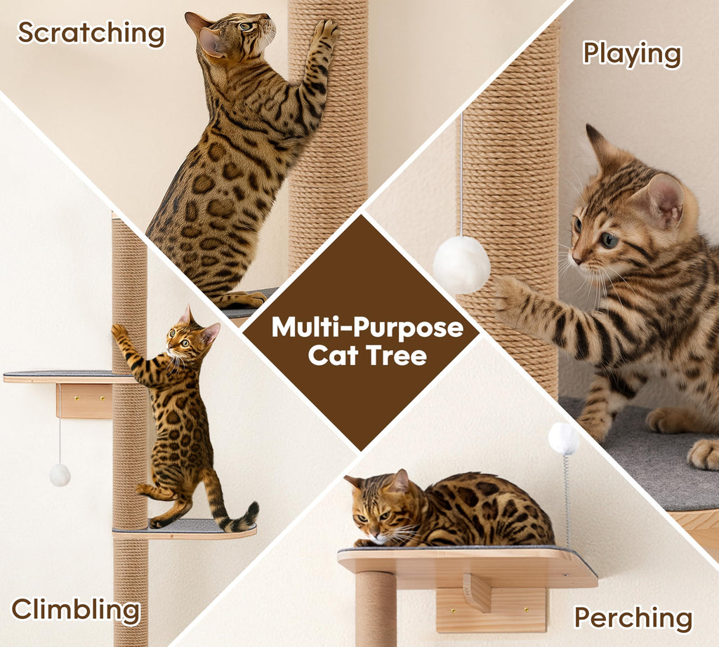 Floor to Ceiling Cat Tree for Kittens, 5-Tier Wall Mounted Cat Wall Shelves with Grey Felt Pads, Adjustable Wild Simulation Cat Tower, Natural Pine Wood Platforms for Climb, Scratch and Lookout
