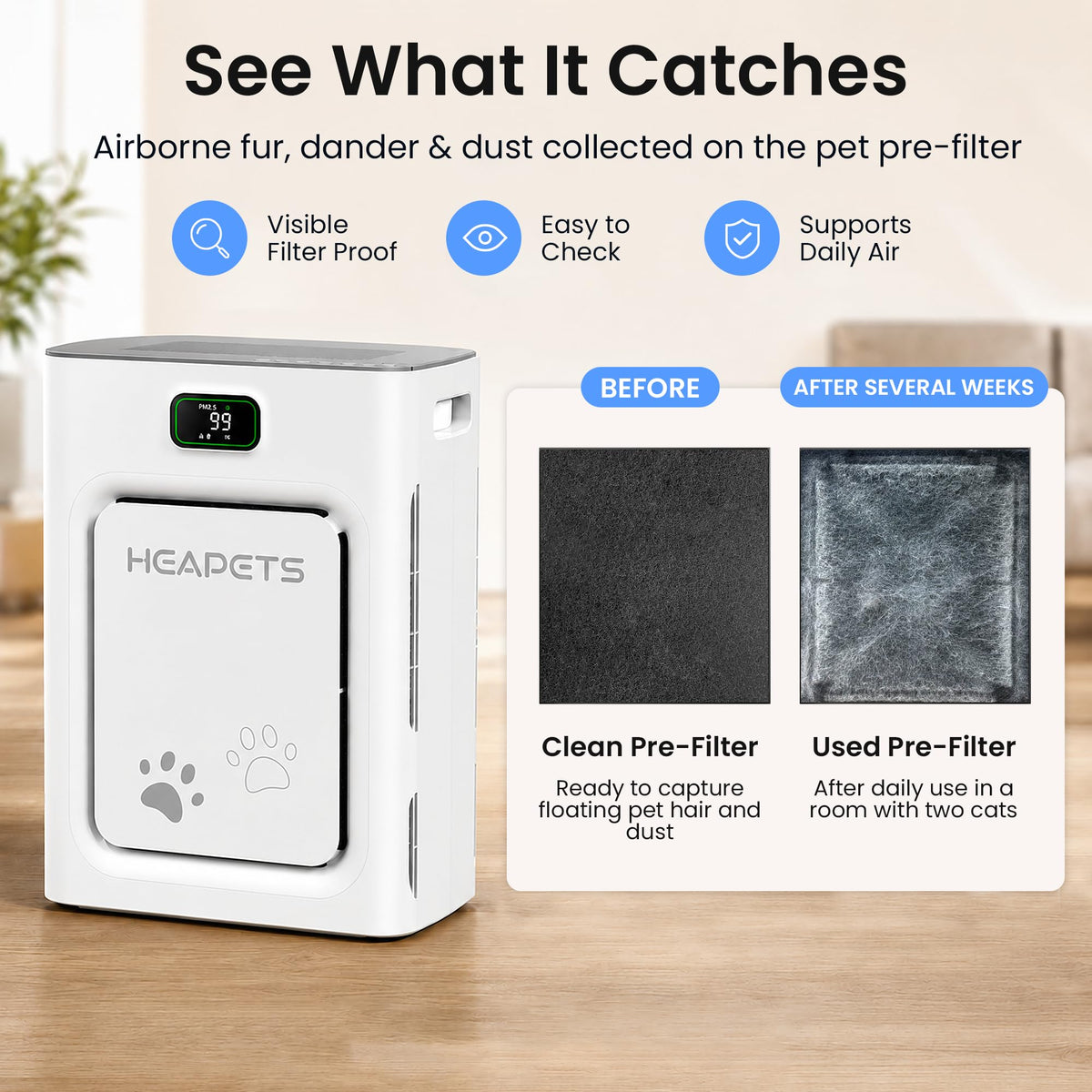 Pet Air Purifier for Home Large Room 2500 Sq Ft, H13 HEPA Double-Sided Filter with Washable Pre-filter, Adsorbs Pet Hair Dander Odor Allergies Smoke Dust,PM2.5 Air Quality Monitor,Auto Mode,P358 Grey