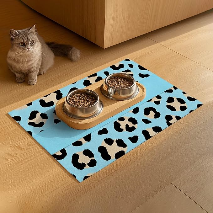 HOMETITUTE Puppy Feeding Mat Blue Leopard Print Meal Pad 20 x 12 Inch