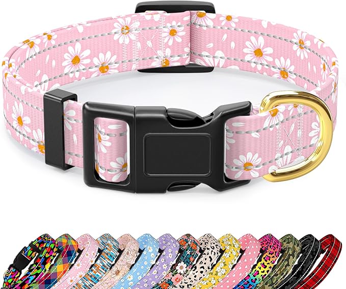 TMOODEL Reflective Dog Collar for Medium Dogs, Cute Daisy Theme Adjustable Heavy-Duty Nylon Puppy Collar for Boy and Girl Female, Soft Pet Accessories with Quick Release Buckle, Neck 14-20", Pink