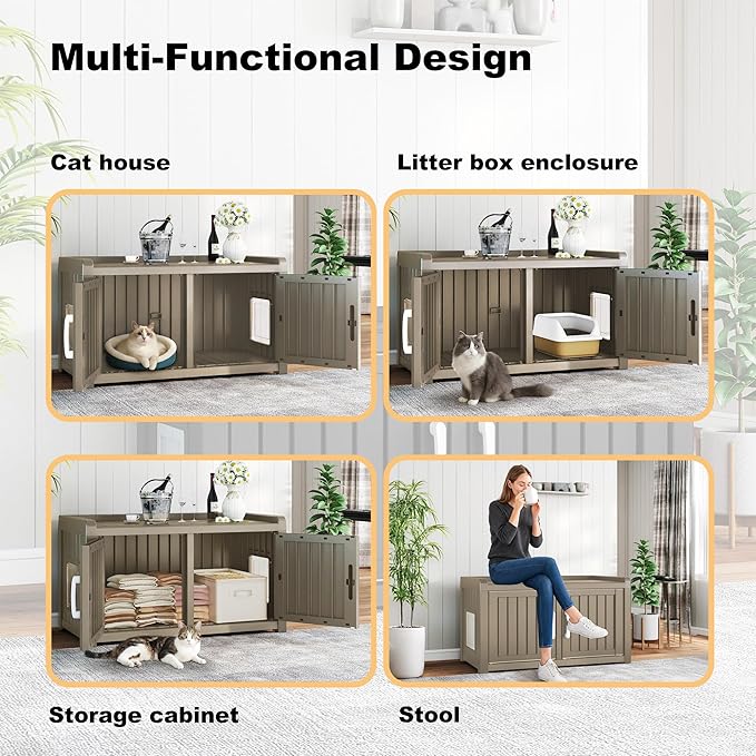 KFY Cat Litter Box Enclosure Resin Hidden Cat Litter Box Furniture Multi-Functional Double Door Spacious Odorless Waterproof UV-Resistant Indoor Outdoor Use Grey
