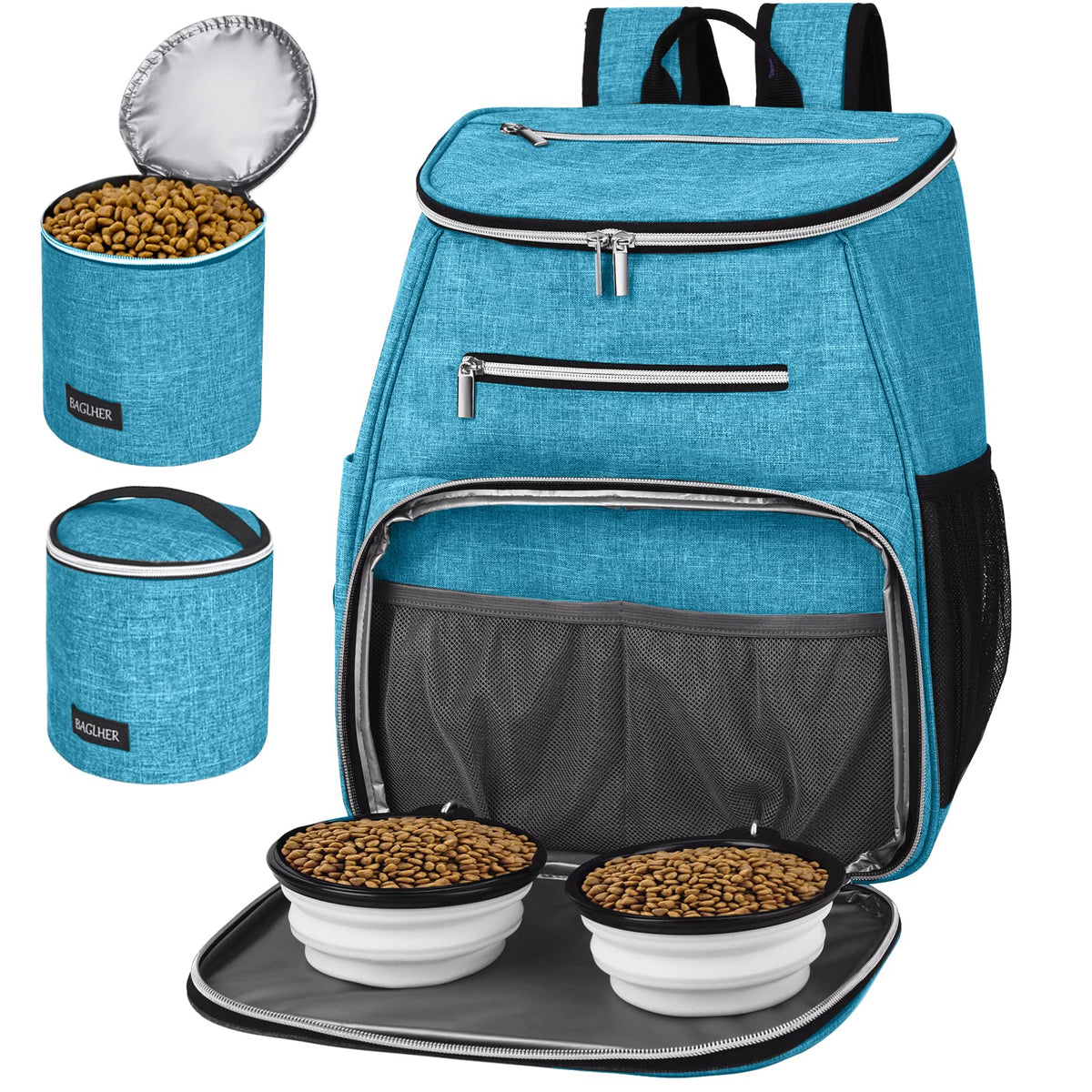 BAGLHER丨Dog Travel Bag Backpack, Airline Approved Pet Supplies Backpack, Dog Travel Bag with 2 Silicone Collapsible Bowls and 2 Food Baskets Blue