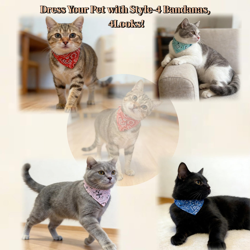 CWYZA 4 Pack Adjustable Cat Bandana Collar Set,(Neck Fits 7–9IN)
