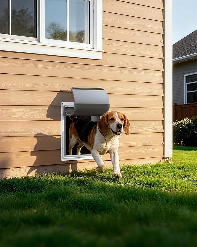 Powools Pet Dog Door for Wall - Robust Steel Pet Door with Magnetic Triple Flaps, 12.6" x 10" Flap Opening, Adjustable Tunnel for 3.4"-6" Thick PVC, Wood, Drywall, for Pets Up to 45lb, White