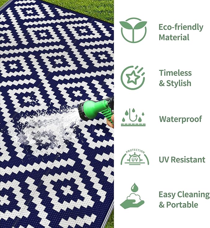 GENIMO Outdoor Rug for Patio Clearance,9'x12' Waterproof Large Mat,Reversible Plastic Camping Rugs,Rv,Porch,Deck,Camper,Balcony,Backyard (Navy Blue & White)