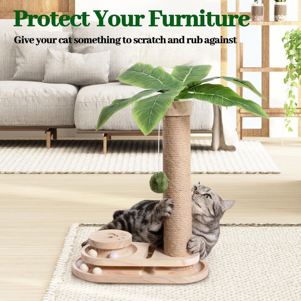 Meowoou Cat Scratching Post Cat Scratcher Interactive Toy with Dangling Ball for Indoor Kitten 2 Layer Base Wooden Ball Track 17.7" Tall Modern Sisal Scratch Pole