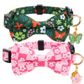 Gelwoo 2 Pack Cotton Cat Collar with Bow Tie and Bell for Male Female Cats,Soft Fancy Breakaway Kitty Kitten Collar with Ghost& Pumpkin Patterned Design for Boy Girl Cats. (Butterfly&Flower)