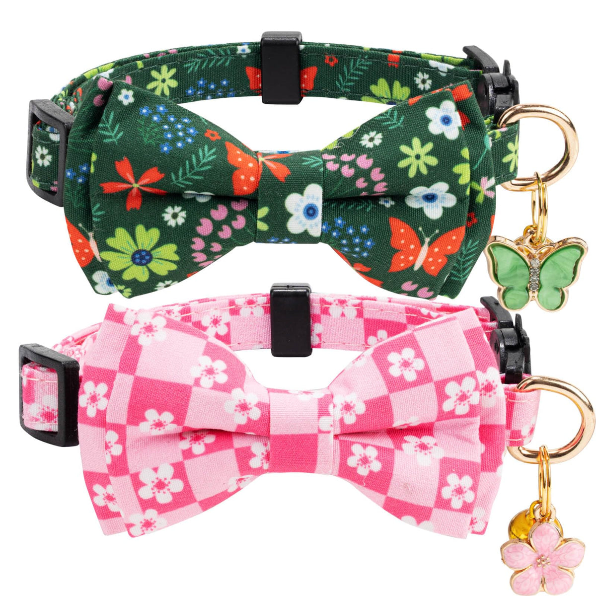 Gelwoo 2 Pack Cotton Cat Collar with Bow Tie and Bell for Male Female Cats,Soft Fancy Breakaway Kitty Kitten Collar with Ghost& Pumpkin Patterned Design for Boy Girl Cats. (Butterfly&Flower)