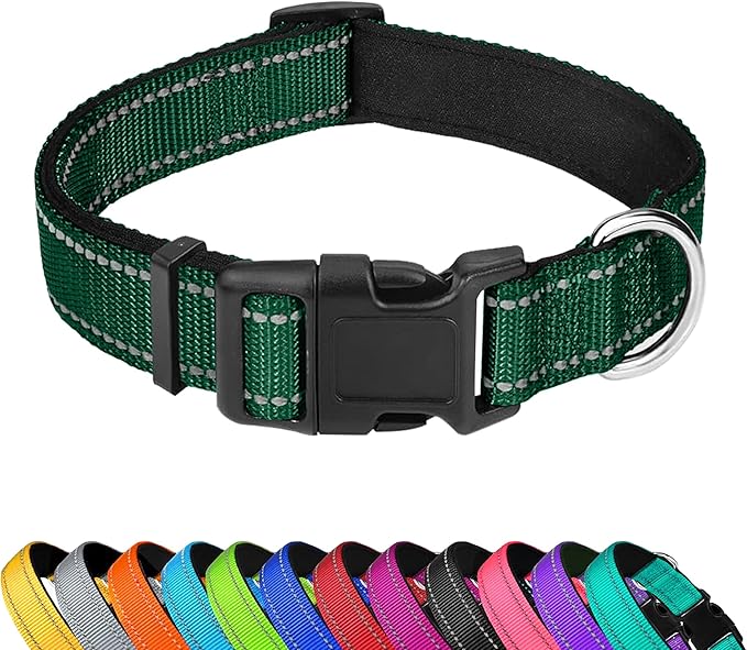 PWOD Reflective Dog Collar, Adjustable Soft Neoprene Padded Nylon Pet Collars with Buckle for Small Dogs, Dark Green,S