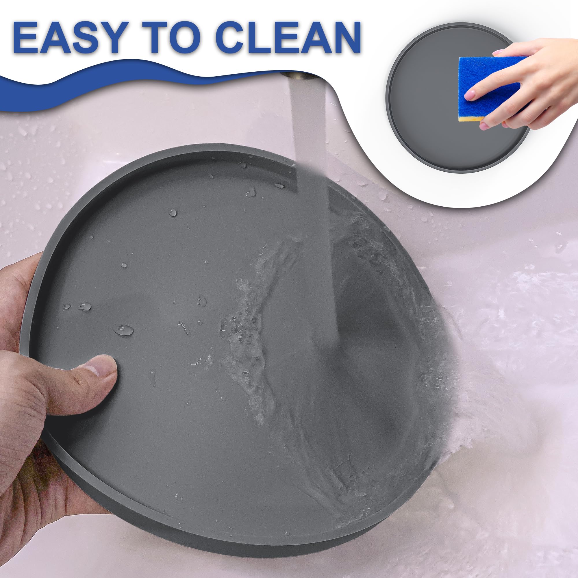 Arespark Cat Food Mat, Set of 2 Nonslip Waterproof Feeding Bowl Silicone Mats with Raised Edges for Food Water Prevent Spills, Round Eating Plates Tray for Dog Cat Puppy Kitten, 8'' x 8''