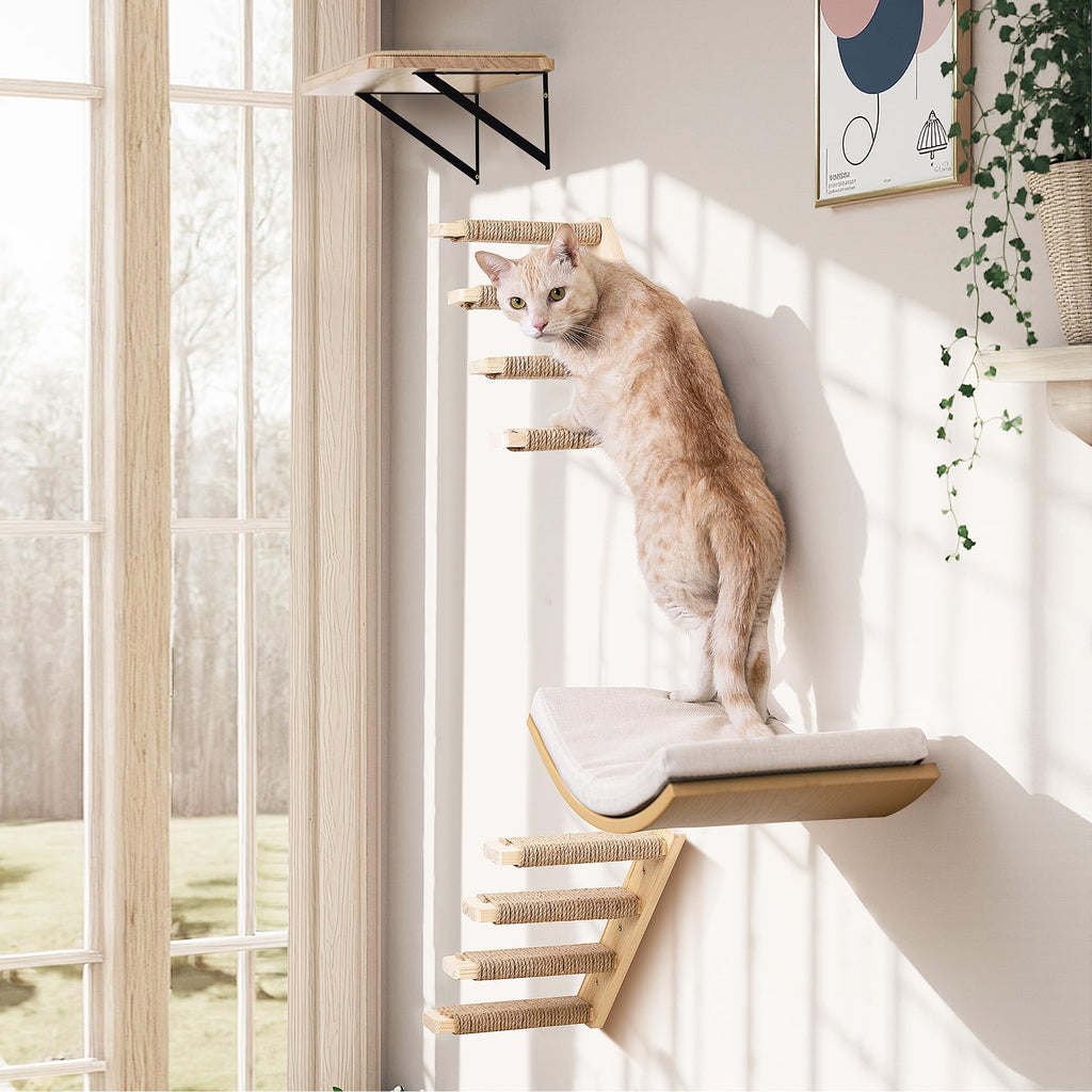 Wood Cat Wall Shelf with Soft Foam Cushion, Curved Cats Wall Bed for Large Cats, Floating Cat Perch for Sleeping & Climbing