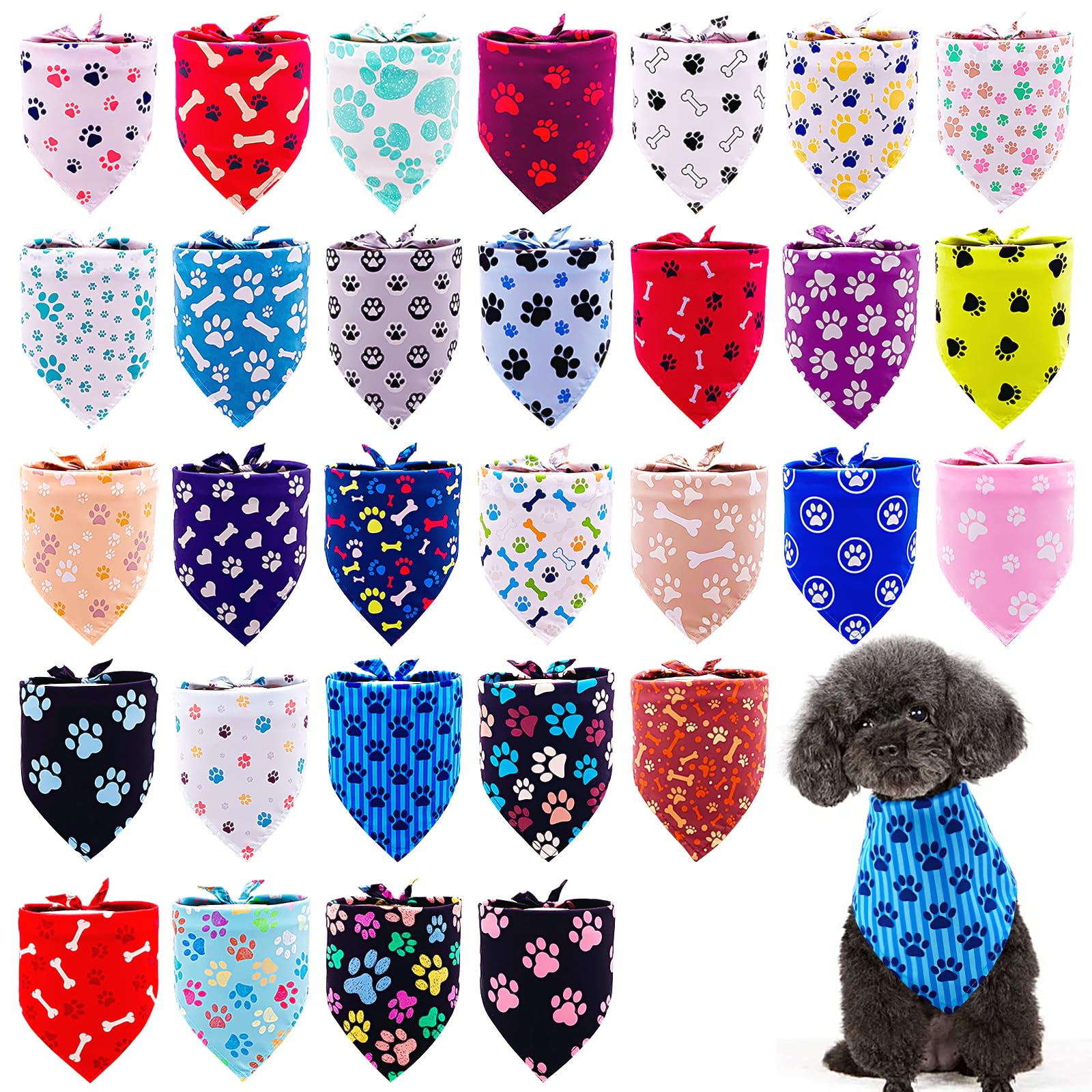 Pai Sence Paw Print Dog Bandanas Bulk for Small Dogs Sewn Edge 18" 30Pcs S
