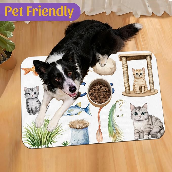 Cat Fun Pet Feeding Mat, Absorbent Bowl Pad for Dogs and Cats, Fast Dry, Non-Slip Back, Indoor Use – 12x20 Inch