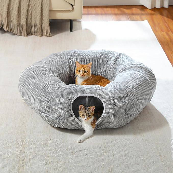 PEQULTI Grey Donut Cat Tunnel Bed Washable Plush Mat Multi for Small Pets