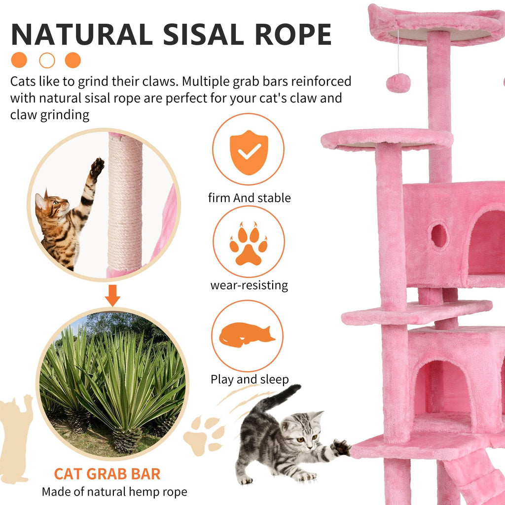 GINMAON 70 Inch Pink Cat Tree, Tall Cat Tower with 2 Condos, 3 Scratching Posts, Multi-Level Platforms - Sturdy Climbing Structure Tall Cat Tower for Indoor Cats