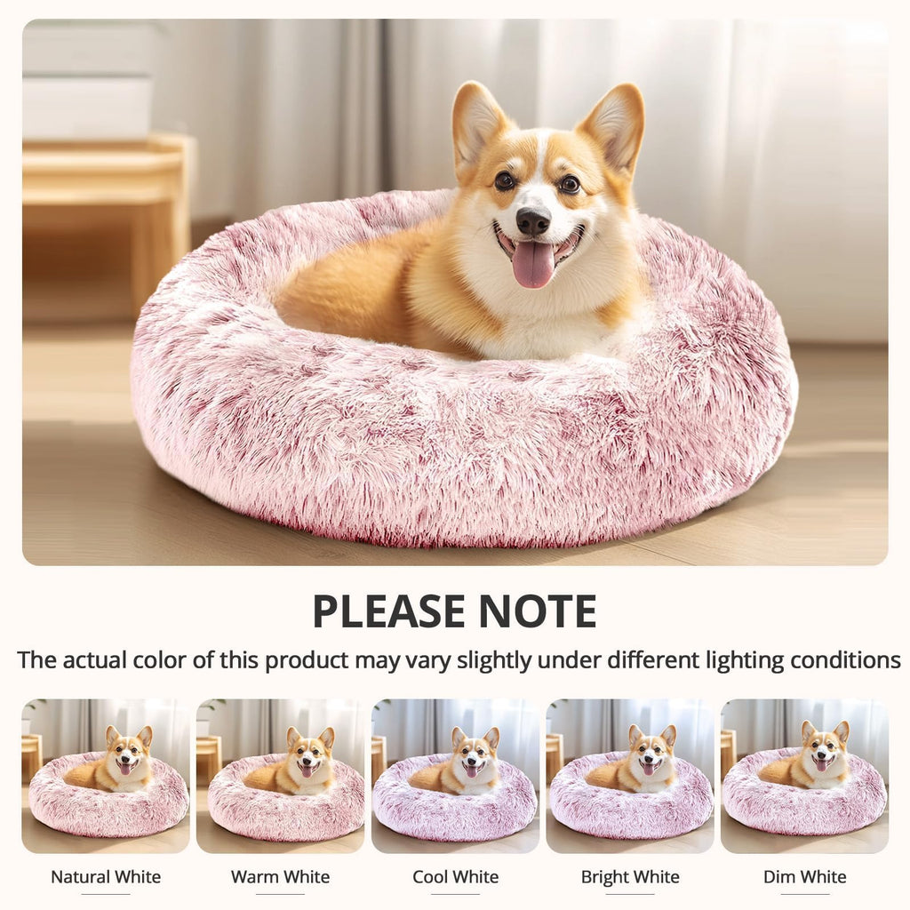 JOLLYVOGUE Calming Dog Bed Medium Size Dog, Anti-Anxiety Donut Medium Pet Bed, 27 inches Fluffy Faux Fur Round Cat Bed (Smoke Pink)