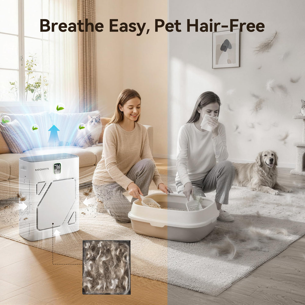 Meowant Pet Air Purifier for Home, Dual-sided Intake Air Purifier