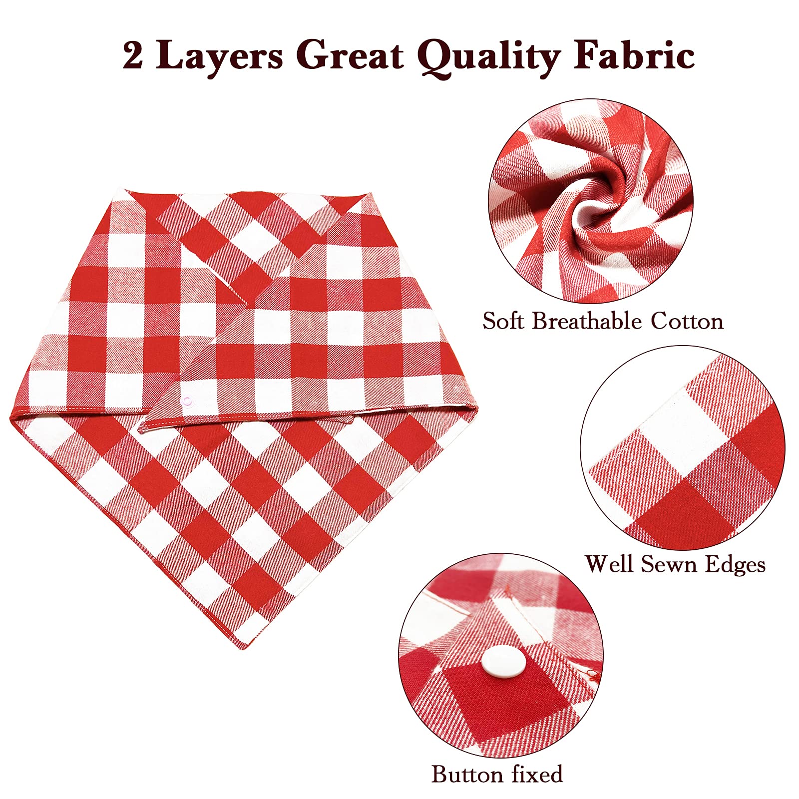 Christmas Plaid Dog Bandana with Button, Fall Dual Layer Scarf Soft Cotton Triangle Bib Girls and Boys Kerchief Adjustable Accessories for Small Medium Large Extra Large Dog Puppy Pet Cat