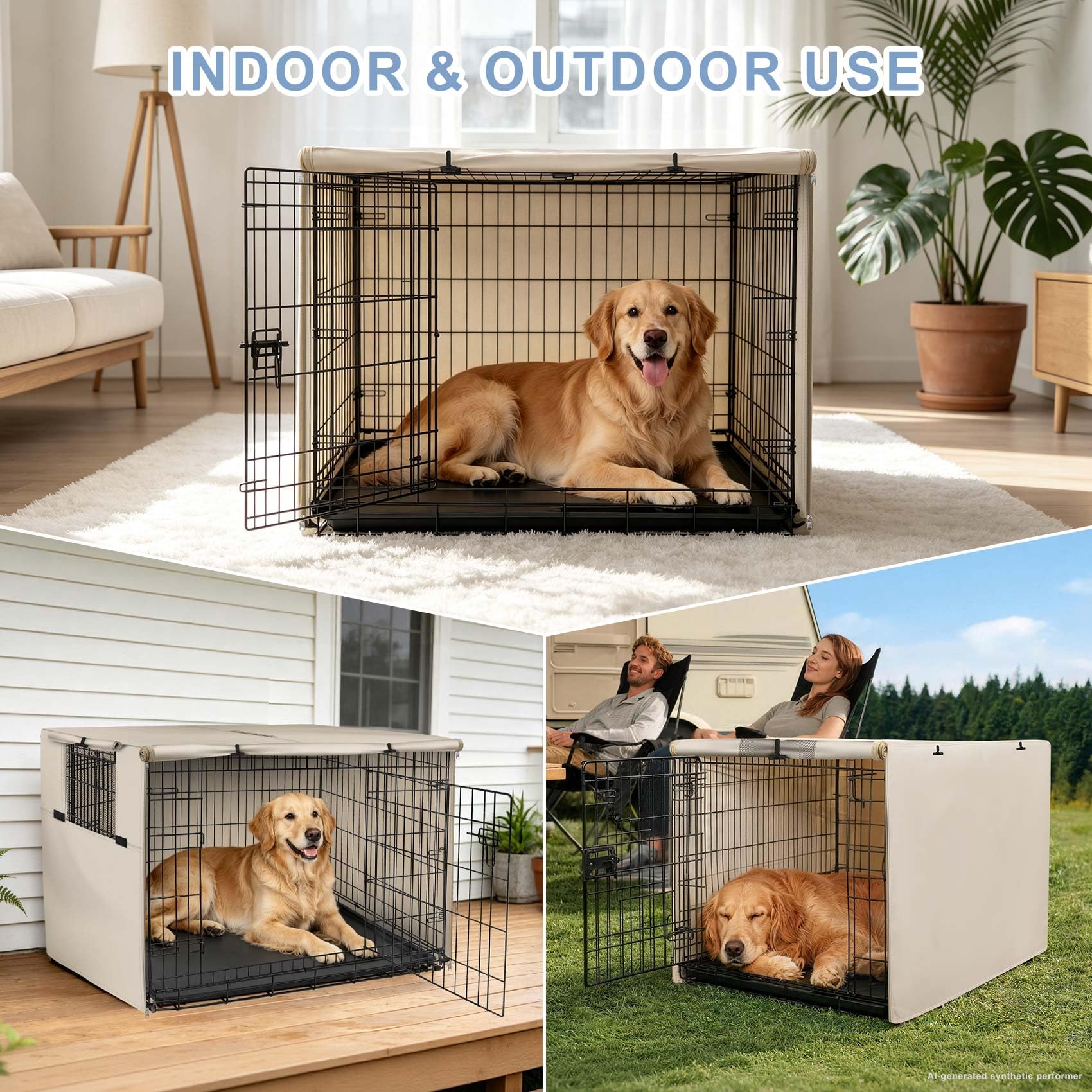 Explore Land 54 inches Dog Crate Cover Heavy Duty Polyester Pet Kennel Sunshade Universal Fit for Wire Cage (Light Tan)