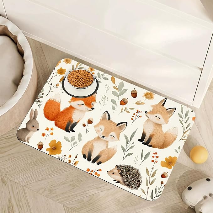 Fox Hedgehog Rabbit Forest Dog Cat Food Mat,Absorbent Pet Feeding Mat with Rubber Backing,Non-Slip Water Bowl Placemat,Indoor Pet Accessories Supplies 16"x24"