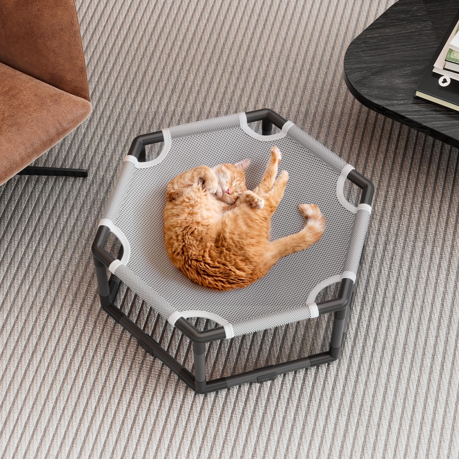 Tresbro Elevated Cat Hammock Bed, Hexagon Raised Cat Swing Bed for Indoor and Outdoor Use with Breathable Fabric & Anti-Slip Block, 20.5'' x 18'' x 9.4'' Pet Chair for Large to Small Kitty Cot