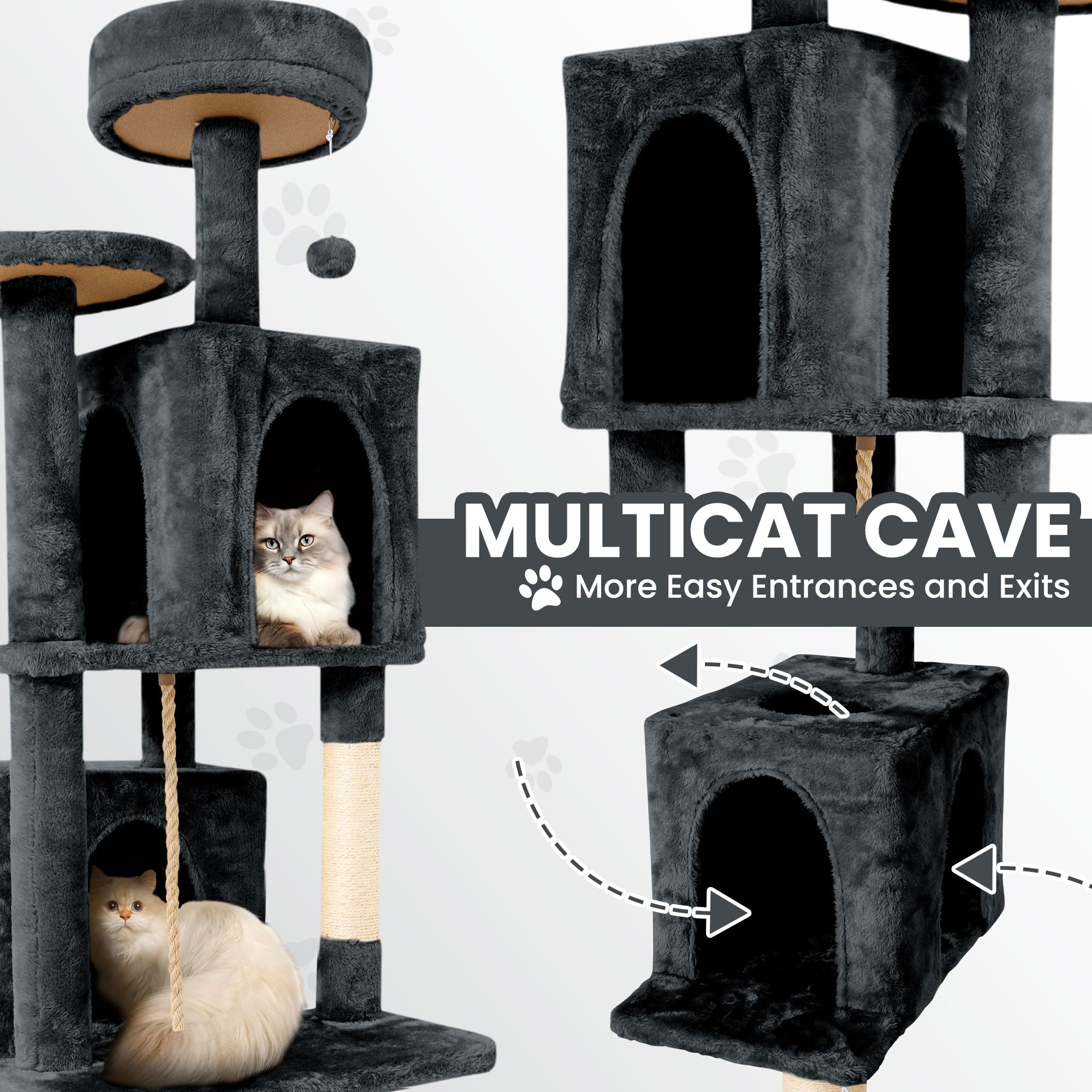 TSCOMON 58.5inch Large Cat Tree Tower Condo for Indoor Cats, Soft Plush Multi-Level Climbing Tree Cat House with Cat Cave, Scratching Post, More Entrance/Exit, Sisal Rope, Grey Black