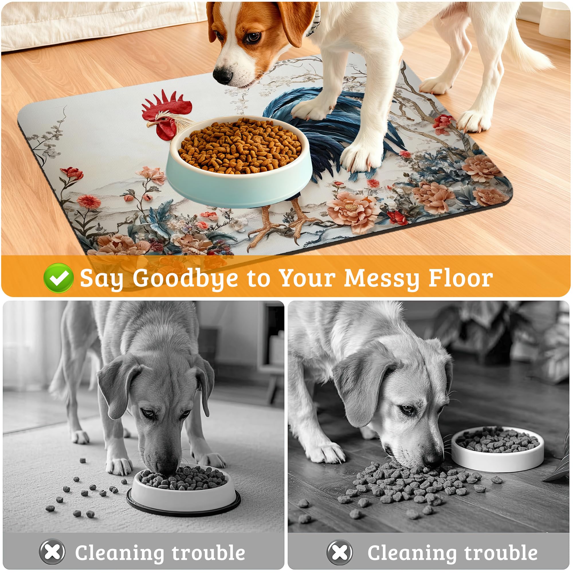 Dog Bowl Mat,Chicken Painting Pet Feeding Mat for Floors Waterproof,Flowers Absorbent Dogs Placemat for Food and Water Quick Dry Pet Cat Feeding Mats with Non Slip Bottom 16" x 24"