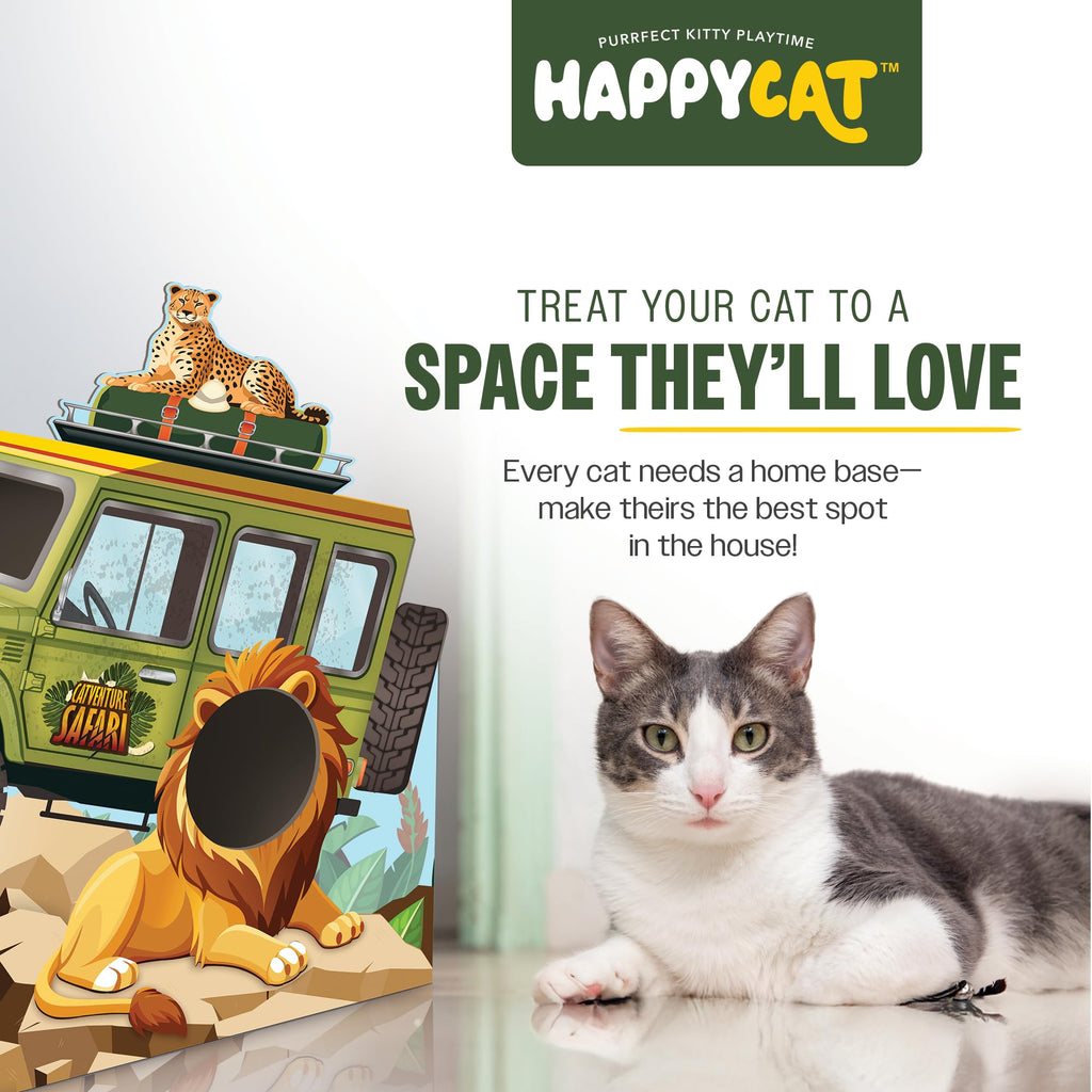 HappyCat Safari Truck Cat Scratcher House - Adventure-Themed Cardboard Cat Playhouse with Scratch Panels & Interior Space - Jungle Truck Theme Cat Activity Center