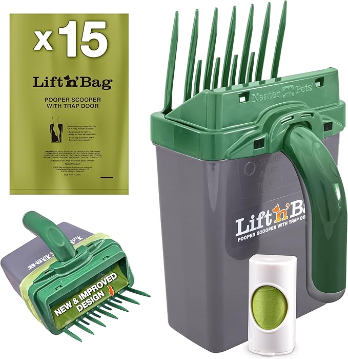 Neater Pet Brands Lift N’ Bag 2.0 Dog Pooper Scooper with Bag Attachment & 22" Pole for Small to Large Dogs, New & Improved Design, 15 Refill Bags, Heavy Duty Dog Poop Scooper for Yard, One-Hand Use