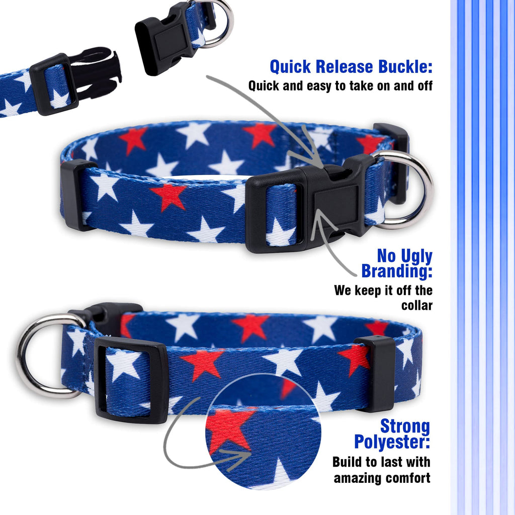 Native Pup American Flag Dog Collar- Red White and Blue- Patriotic Collars for 4th of July, USA- Adjustable Small, Medium, Large Breed Dogs (Small, Red & White Stars)