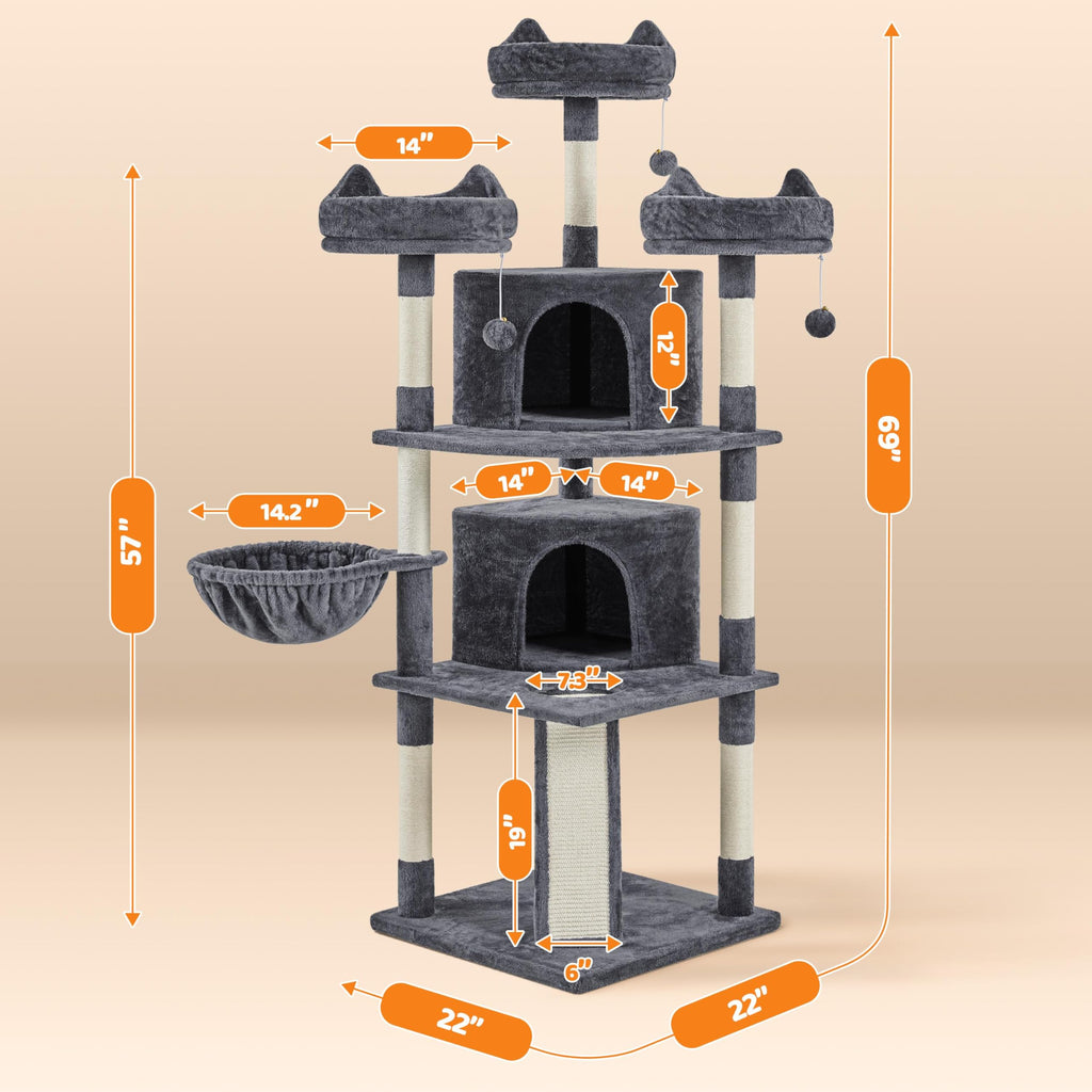 Yaheetech 69in Cat Tree Tower, 2 Condos, Scratching Posts & Cat-Ear Perches