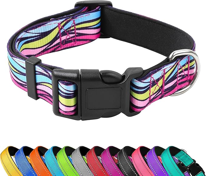 PWOD Reflective Dog Collar, Adjustable Soft Neoprene Padded Nylon Pet Collars with Buckle for Puppy and Small Dogs, Cats, Colorful Wave Pattern,M