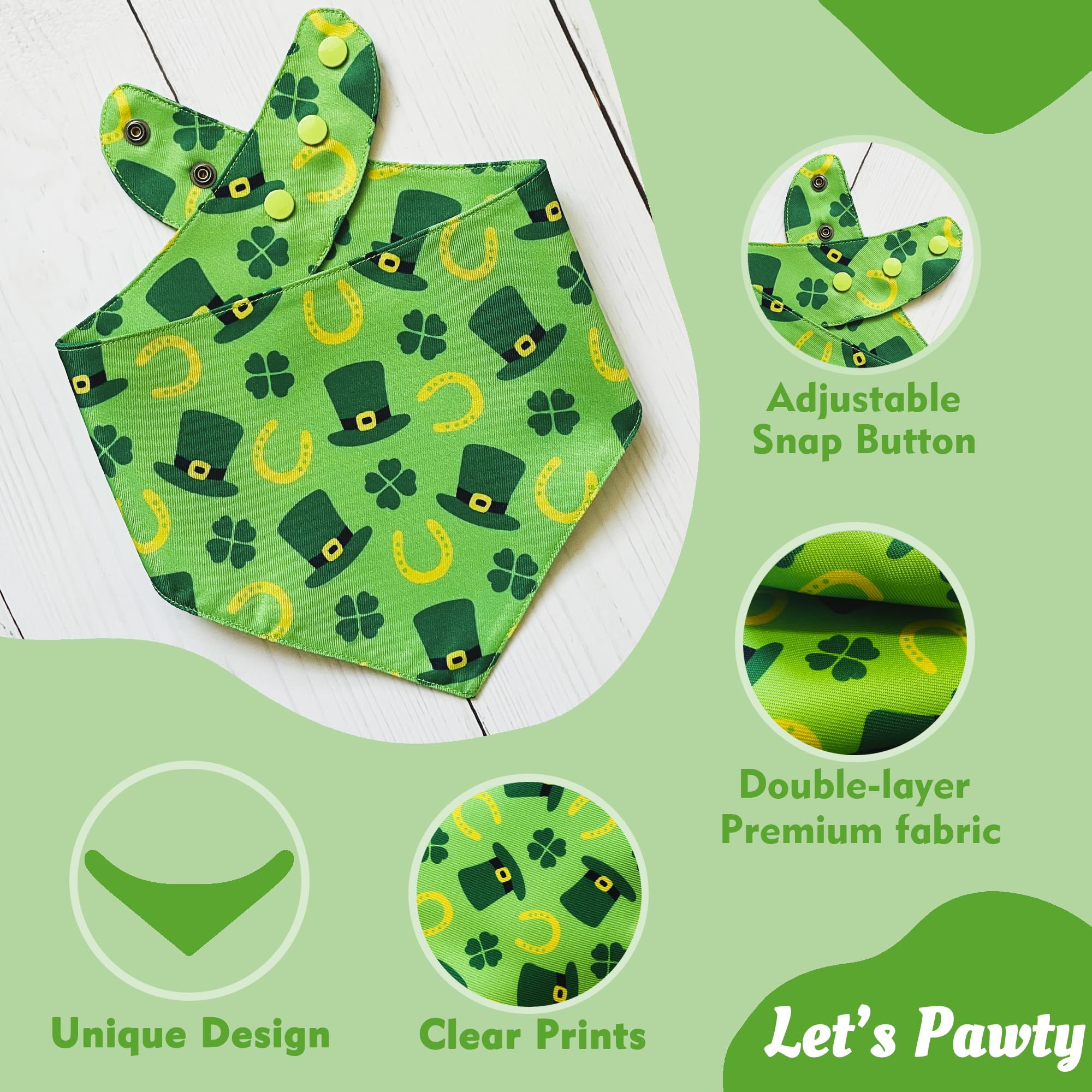 THLOH St. Patrick's Day Dog Bandanas with Snap Button, 2 Pack Reversible Shamrock Dog Scarf for Boy & Girl, Premium Durable Fabric, Gift for Dogs, Holiday Bandana for Small Dogs (Small)