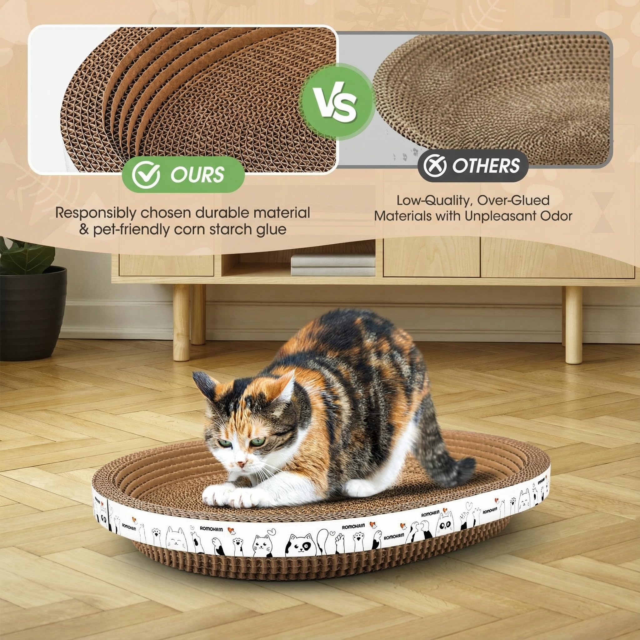 Romohom 3 Pack Oval Cardboard Cat Scratcher & Lounger Bed, High-Density Cat Scratching Board & Lounge Bed, Ergonomic Scratch Pads for Indoor Cats Claws Care, Furniture Couch Protector from Cat Claws