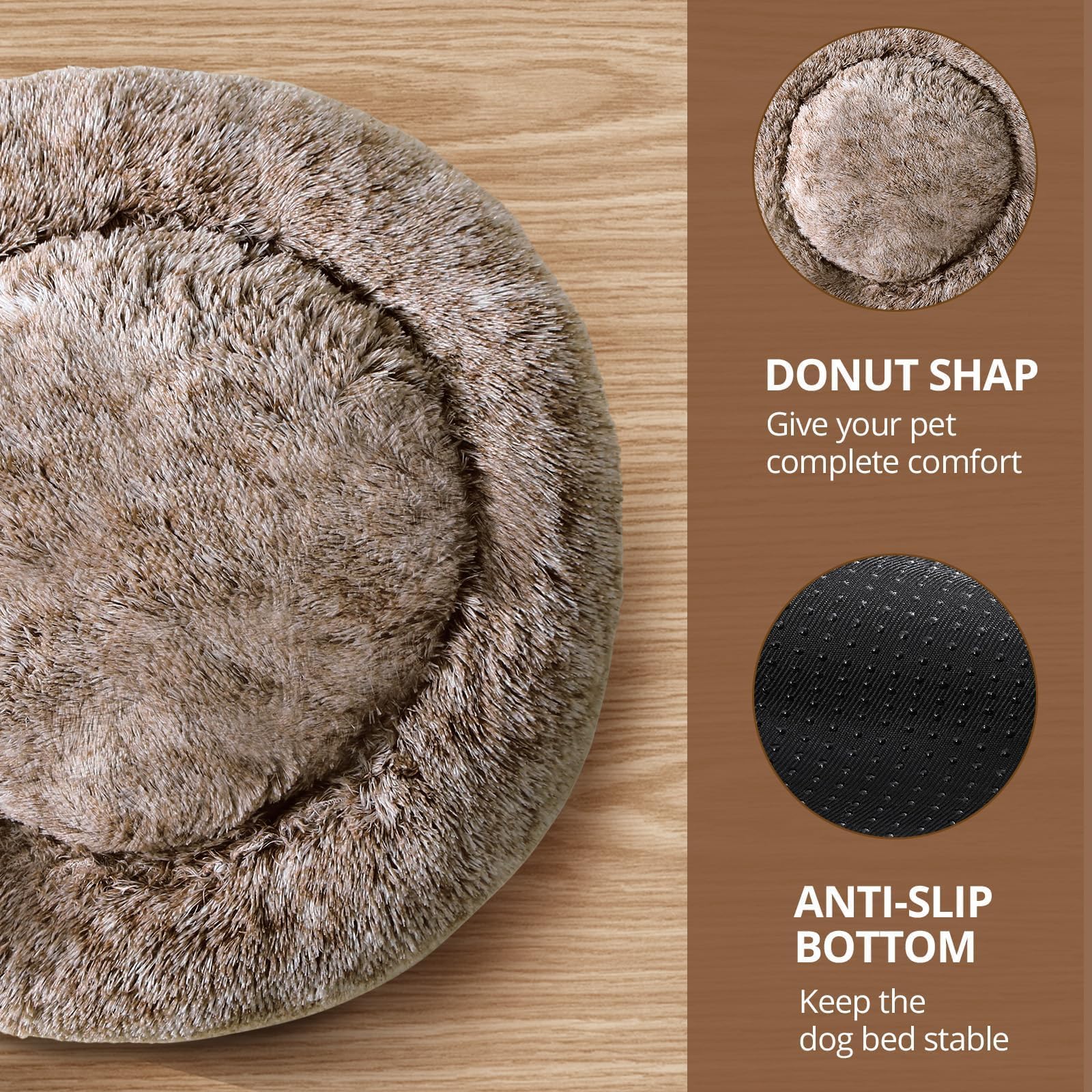 JOLLYVOGUE Calming Dog Bed Medium Size Dog, 31in Donut Washable Medium Pet Bed, Anti-Slip & Anti-Anxiety Fluffy Faux Fur Round Dogs Bed, Fits up to 45 lbs Pets (Smoke Brown)