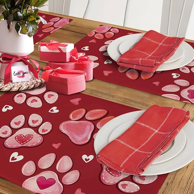 Croar Valentines Day Dog Cat Paw Prints Placemats Set of 4