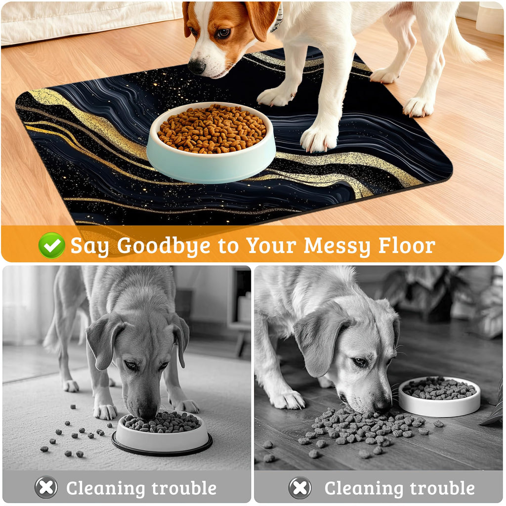 Dog Bowl Mat,Abstract Marbled Pet Feeding Mat for Floors Waterproof,Gold Black Absorbent Dogs Placemat for Food and Water Quick Dry Pet Cat Feeding Mats with Non Slip Bottom 16" x 24"
