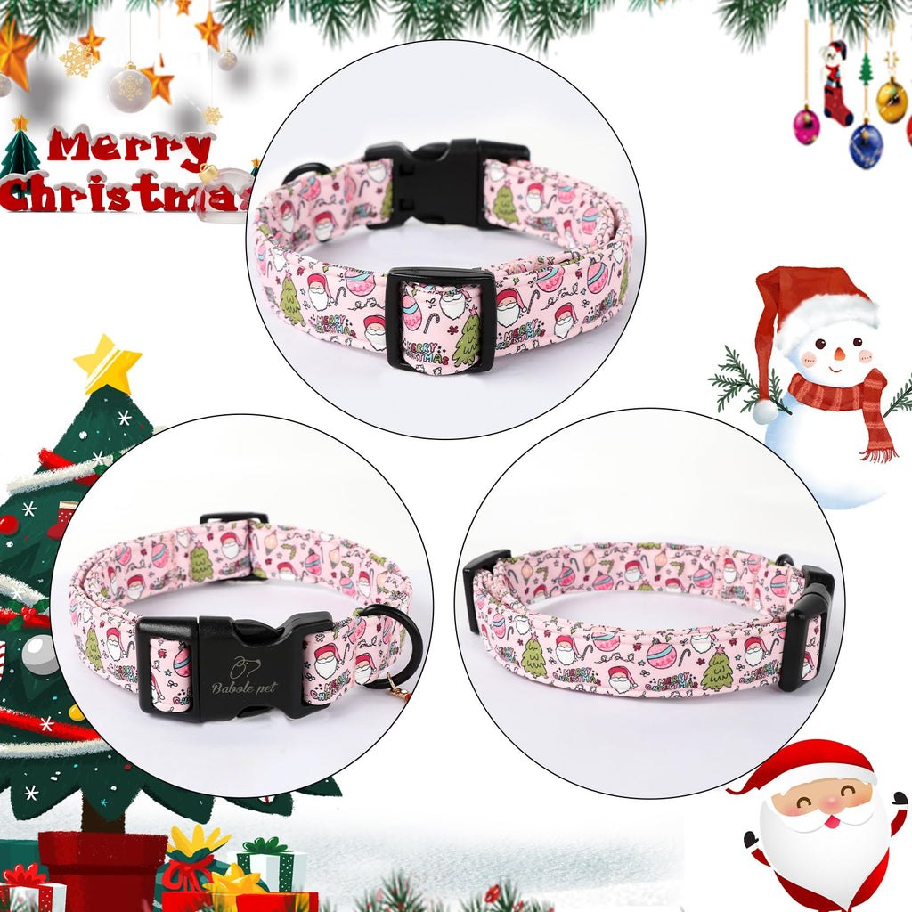 Babole Pet Christmas Dog Collar for Medium Dogs - Cute Santa Print Pink Christmas Collars for Dogs, Soft Adjustable Winter Holiday Dog Collars with Quick Release Buckle M