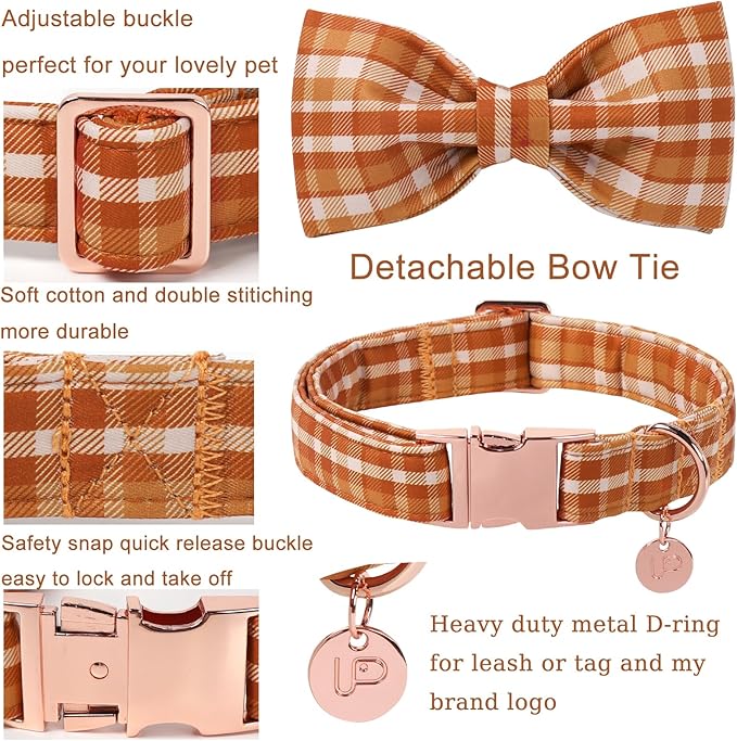 UP URARA PUP Fall Plaid Dog Collar and Bow Tie Set – Brown Orange Checkered Adjustable Collar with Maple Leaf Charm for Small Medium Large Dogs, Soft Cotton Puppy Collar with Quick Release Buckle