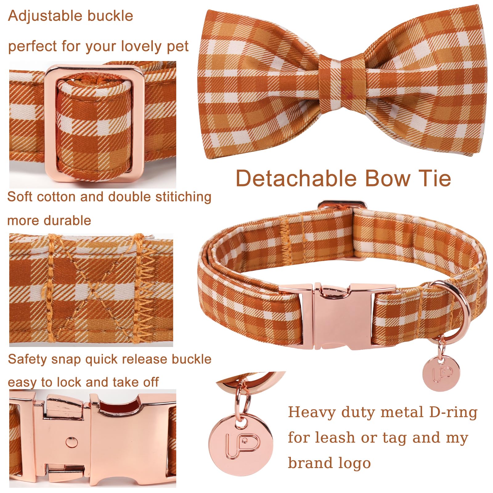 UP URARA PUP Fall Plaid Dog Collar and Bow Tie Set – Brown Orange Checkered Adjustable Collar with Maple Leaf Charm for Small Medium Large Dogs, Soft Cotton Puppy Collar with Quick Release Buckle