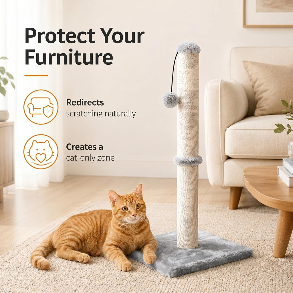Dimaka 29" Height Tall Cat Scratching Post, Claw Scratcher with Sisal Rope and Covered with Soft Smooth Plush, Vertical Scratch [Full Strectch] for Standard Size Cats(Grey, 29 inches for All Cats)