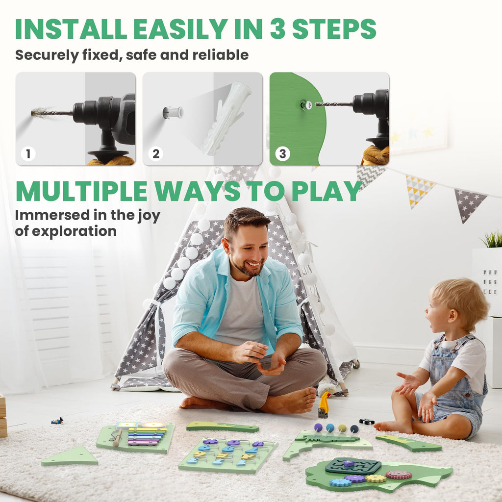 BlueWood Wooden Wall Busy Board Panels, Toddler Learning Activity Center, Montessori Philosophy Sensory, Educational Toys, Conducive to All-Round Development - Triceratops
