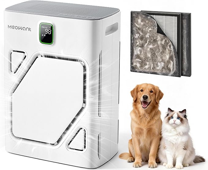 Meowant Air Purifier for Home Large Room 2600ft², H13 HEPA Filter, Double Air Intake, PM2.5 Air Quality Display, Auto Mode, Washable Pre-Filter, 2X-Purification For Pet Hair Dander Odor Dust, White