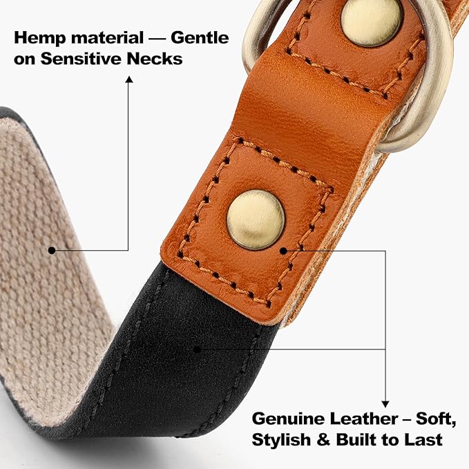 Plutus Pet Genuine Leather & Hemp Dog Collar – Adjustable Heavy Duty Pet Collar with Quick Release Metal Buckle, Soft & Stylish for Puppy and Small, Medium, Large Dogs (Black, L)
