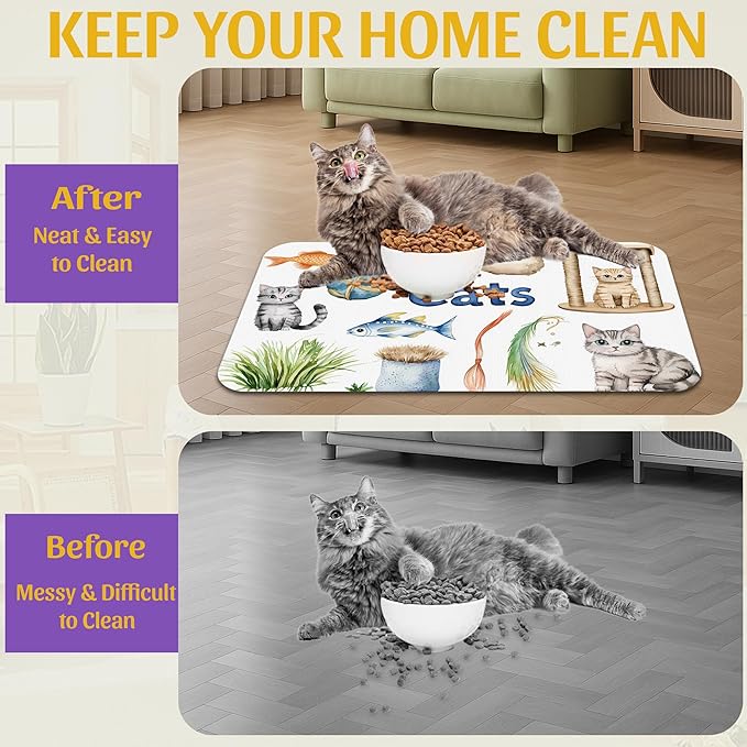 Cat Fun Pet Feeding Mat, Absorbent Bowl Pad for Dogs and Cats, Fast Dry, Non-Slip Back, Indoor Use – 16x24 Inch