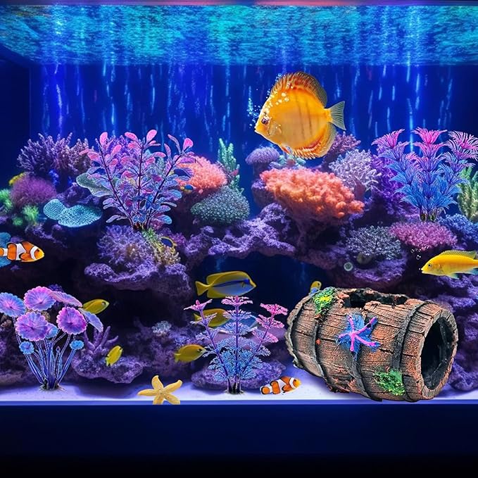GOFYLIN Fish Tank Decoration for Aquarium Tank, Betta Fish Tank Accessories Starfish Barrel x 1pc, Aquarrium Decor Aquatic Plants x 4pcs, Aquarium Decor Starfish x 1pcs.