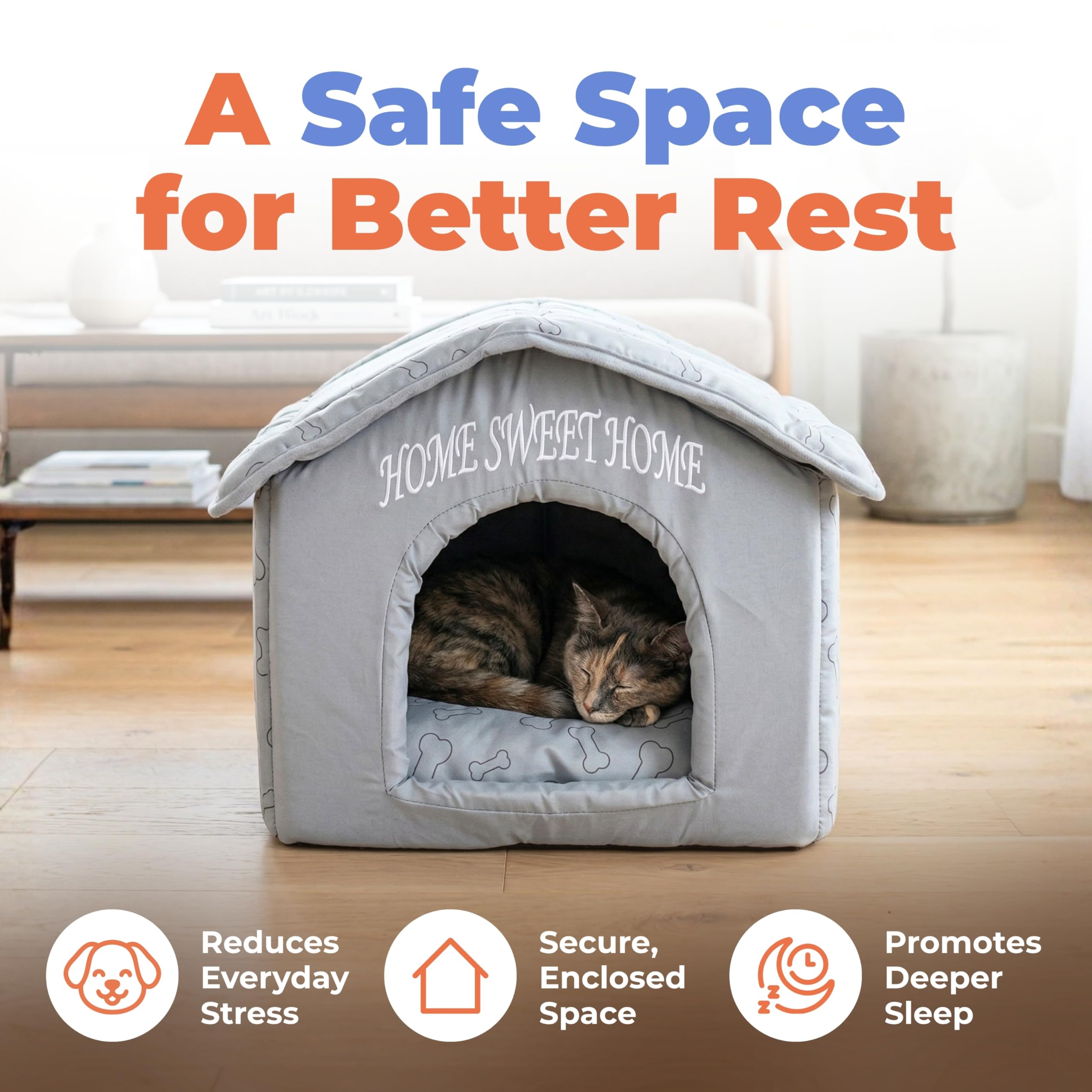 Best Pet Supplies Cat Bed for Indoor Cat, Domed Tent House with Removable Pillow, Covered Cat Cave for Small Dog, Puppies and All Breeds of Cats - Silver w/ Bones, 16 x 16 x H:14"