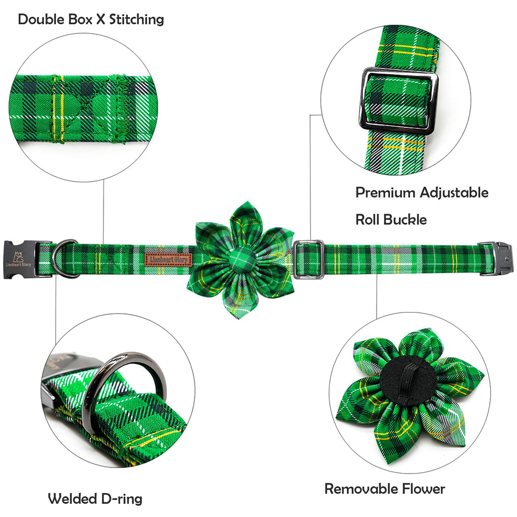 Lionheart glory St. Patrick's Day Dog Collar with Flower Dog Collar for Small Dogs, Green Plaid Cute Collars Spring Dogs Collars Flower Puppy Heavy Duty Cute
