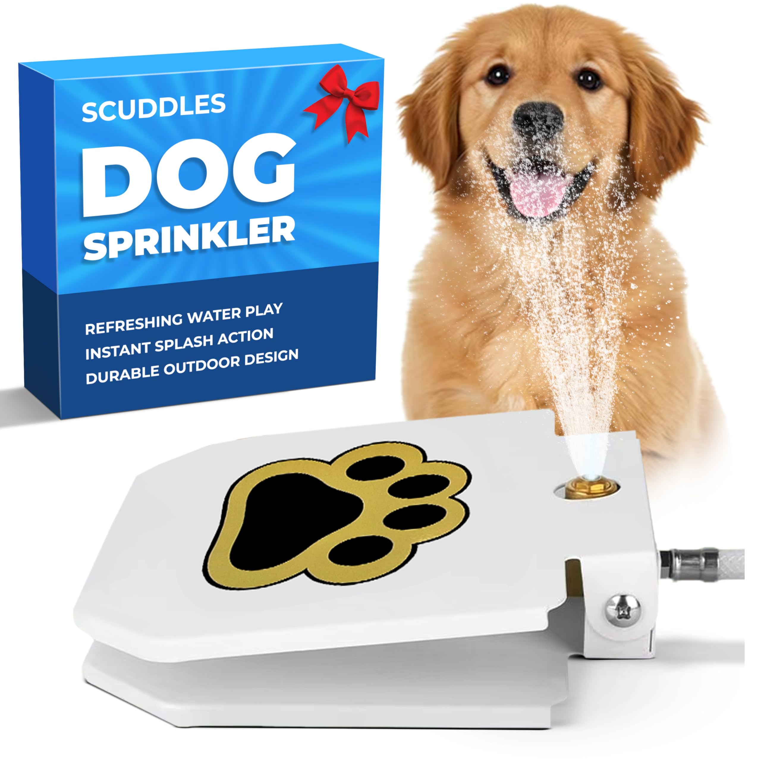 Scuddles Dog Sprinkler, Paw Activated Water Fountain, Outdoor Dog Water Sprinkler with Copper Valve, Easy Step-On Pedal, Perfect For Dogs to Stay Cool and Hydrated, Hose Attachment and Training Guide,